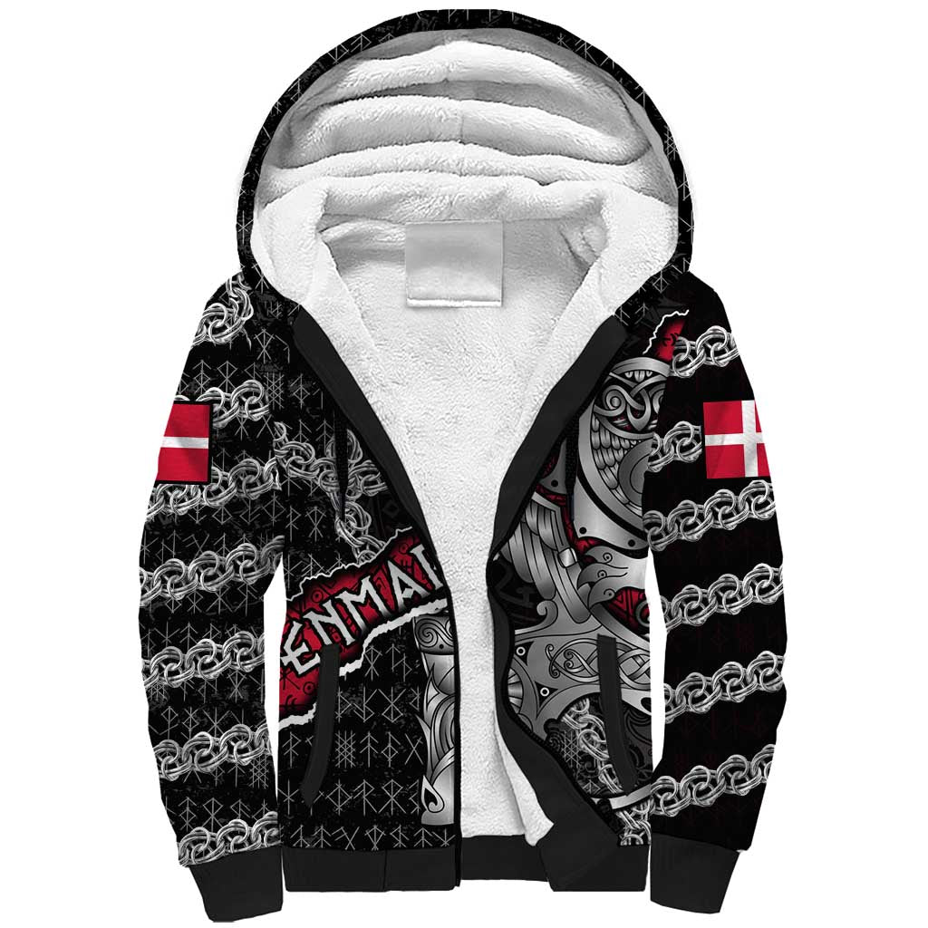 Personalized Denmark Vikings Sherpa Hoodie Nordic Lion Bound in Runes and Chains