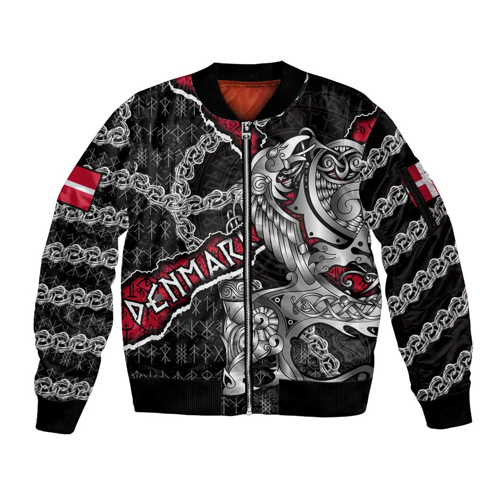 Personalized Denmark Vikings Sleeve Zip Bomber Jacket Nordic Lion Bound in Runes and Chains