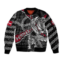 Personalized Denmark Vikings Sleeve Zip Bomber Jacket Nordic Lion Bound in Runes and Chains