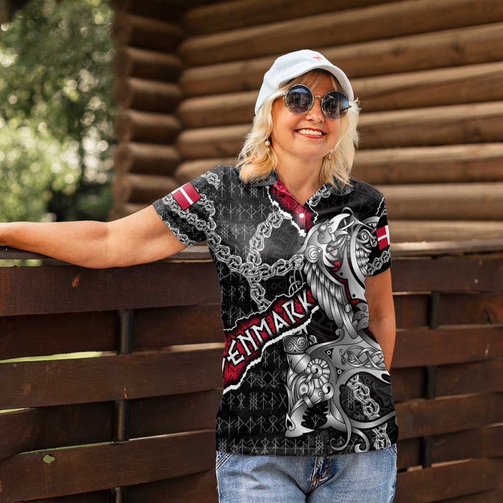 Personalized Denmark Vikings Women Polo Shirt Nordic Lion Bound in Runes and Chains