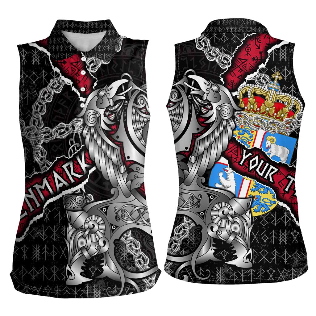Personalized Denmark Vikings Women Sleeveless Polo Shirt Nordic Lion Bound in Runes and Chains