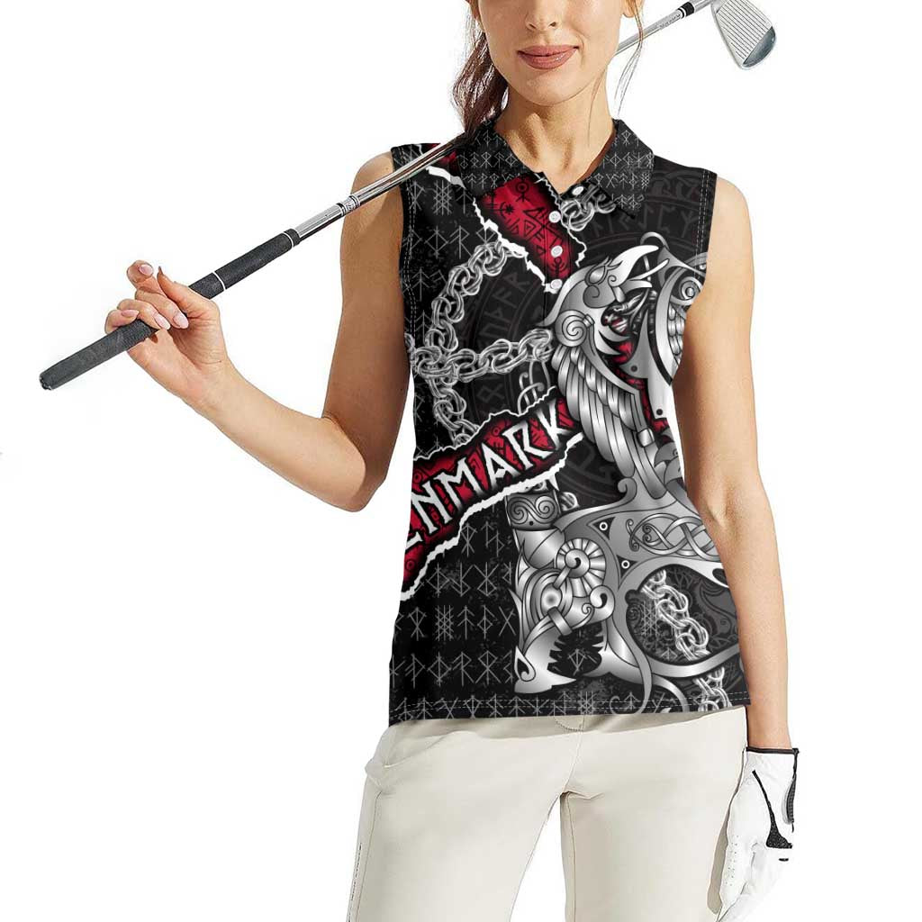 Personalized Denmark Vikings Women Sleeveless Polo Shirt Nordic Lion Bound in Runes and Chains