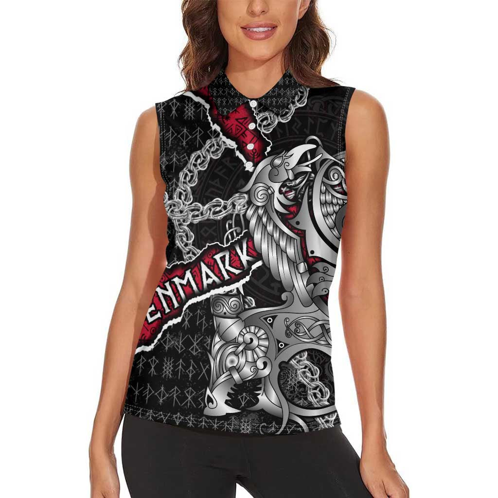 Personalized Denmark Vikings Women Sleeveless Polo Shirt Nordic Lion Bound in Runes and Chains