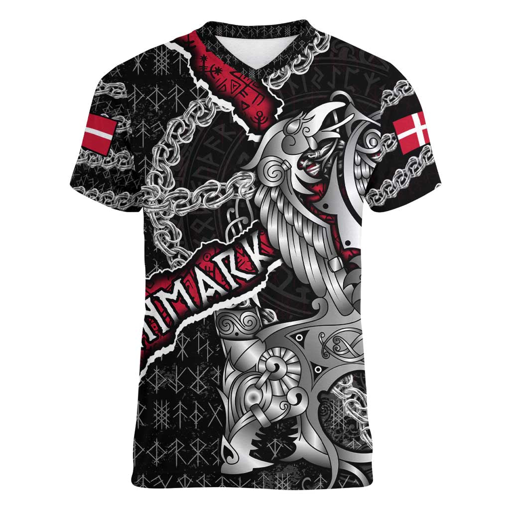 Personalized Denmark Vikings Women V-Neck T-Shirt Nordic Lion Bound in Runes and Chains