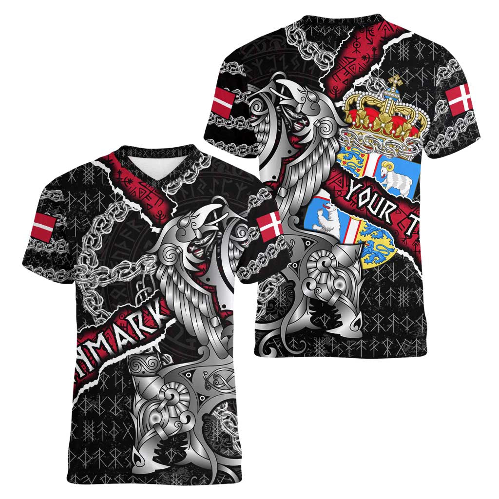 Personalized Denmark Vikings Women V-Neck T-Shirt Nordic Lion Bound in Runes and Chains