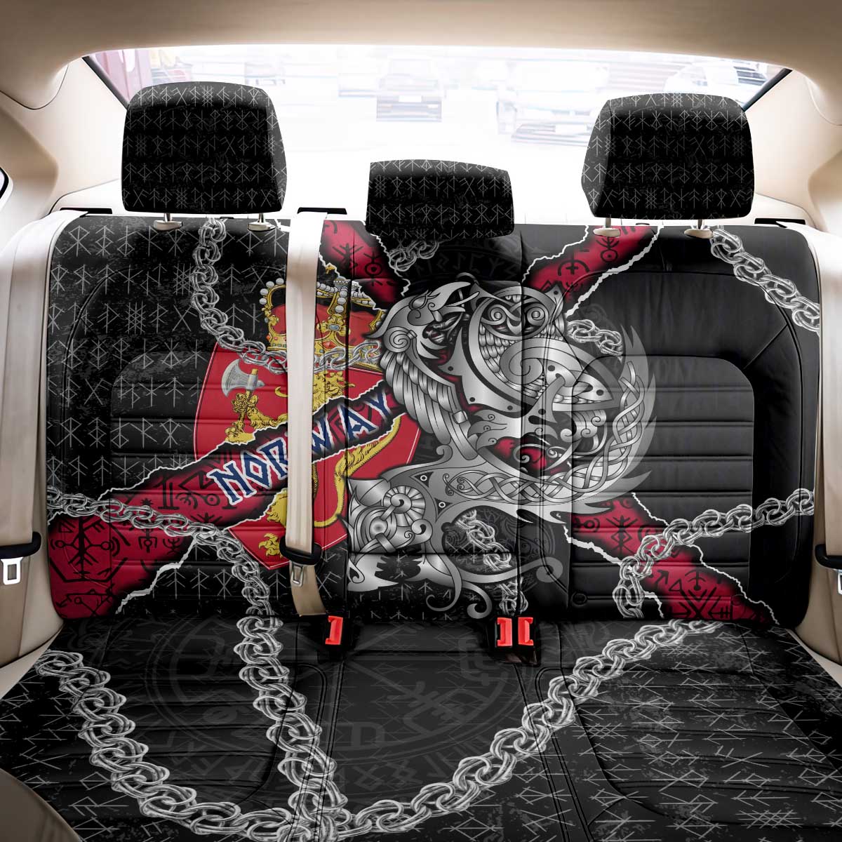 Norway Vikings Back Car Seat Cover Nordic Lion Bound in Runes and Chains