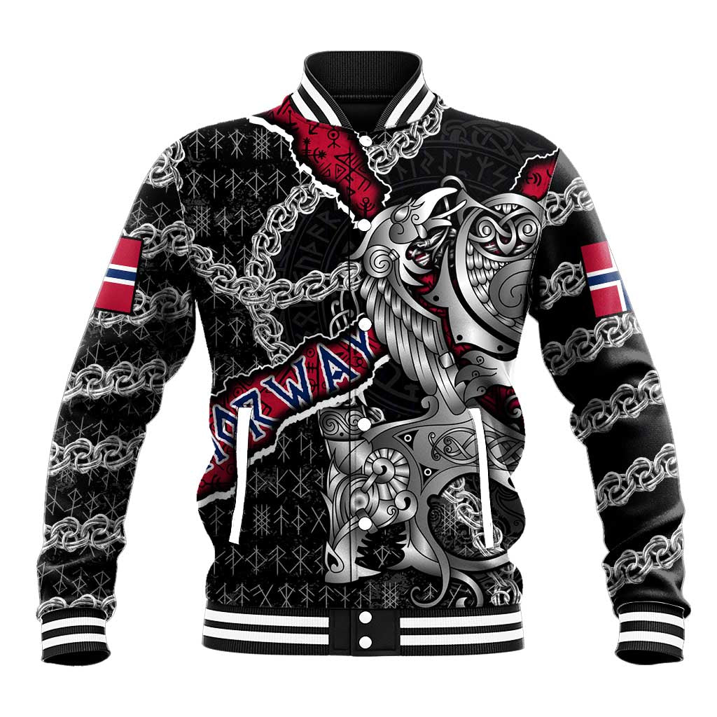 Personalized Norway Vikings Baseball Jacket Nordic Lion Bound in Runes and Chains