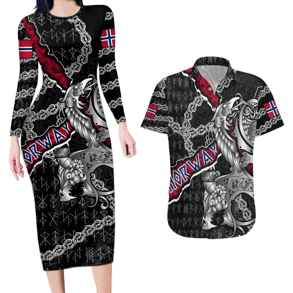 Personalized Norway Vikings Couples Matching Long Sleeve Bodycon Dress and Hawaiian Shirt Nordic Lion Bound in Runes and Chains