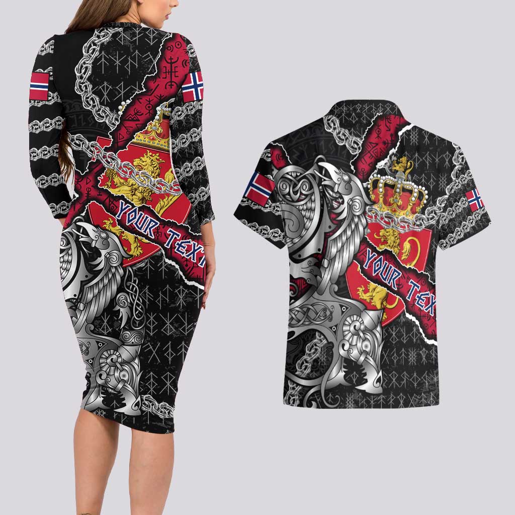 Personalized Norway Vikings Couples Matching Long Sleeve Bodycon Dress and Hawaiian Shirt Nordic Lion Bound in Runes and Chains