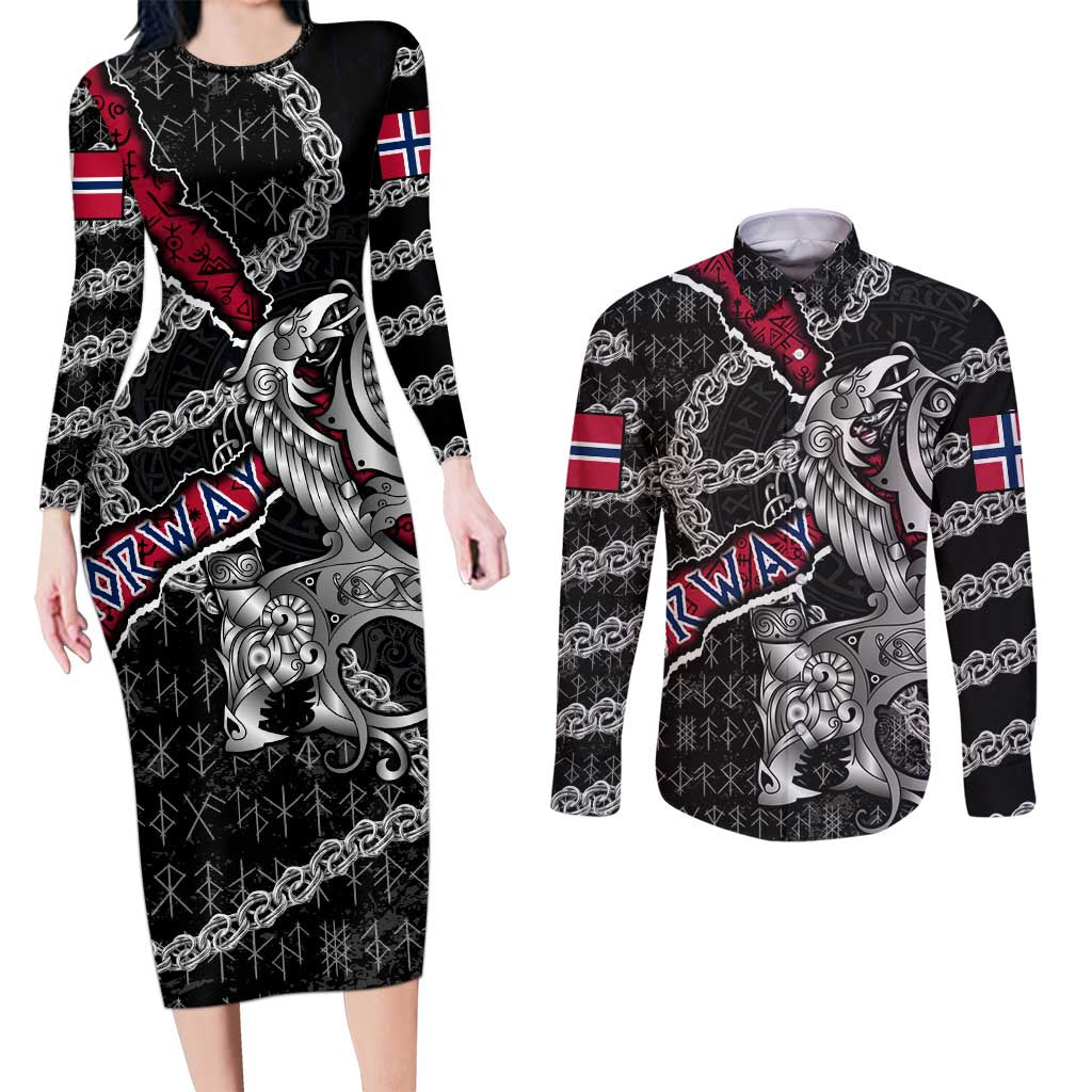 Personalized Norway Vikings Couples Matching Long Sleeve Bodycon Dress and Long Sleeve Button Shirt Nordic Lion Bound in Runes and Chains