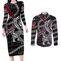Personalized Norway Vikings Couples Matching Long Sleeve Bodycon Dress and Long Sleeve Button Shirt Nordic Lion Bound in Runes and Chains
