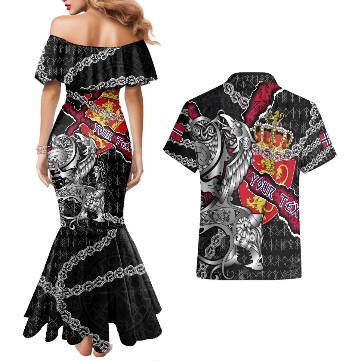 Personalized Norway Vikings Couples Matching Mermaid Dress and Hawaiian Shirt Nordic Lion Bound in Runes and Chains