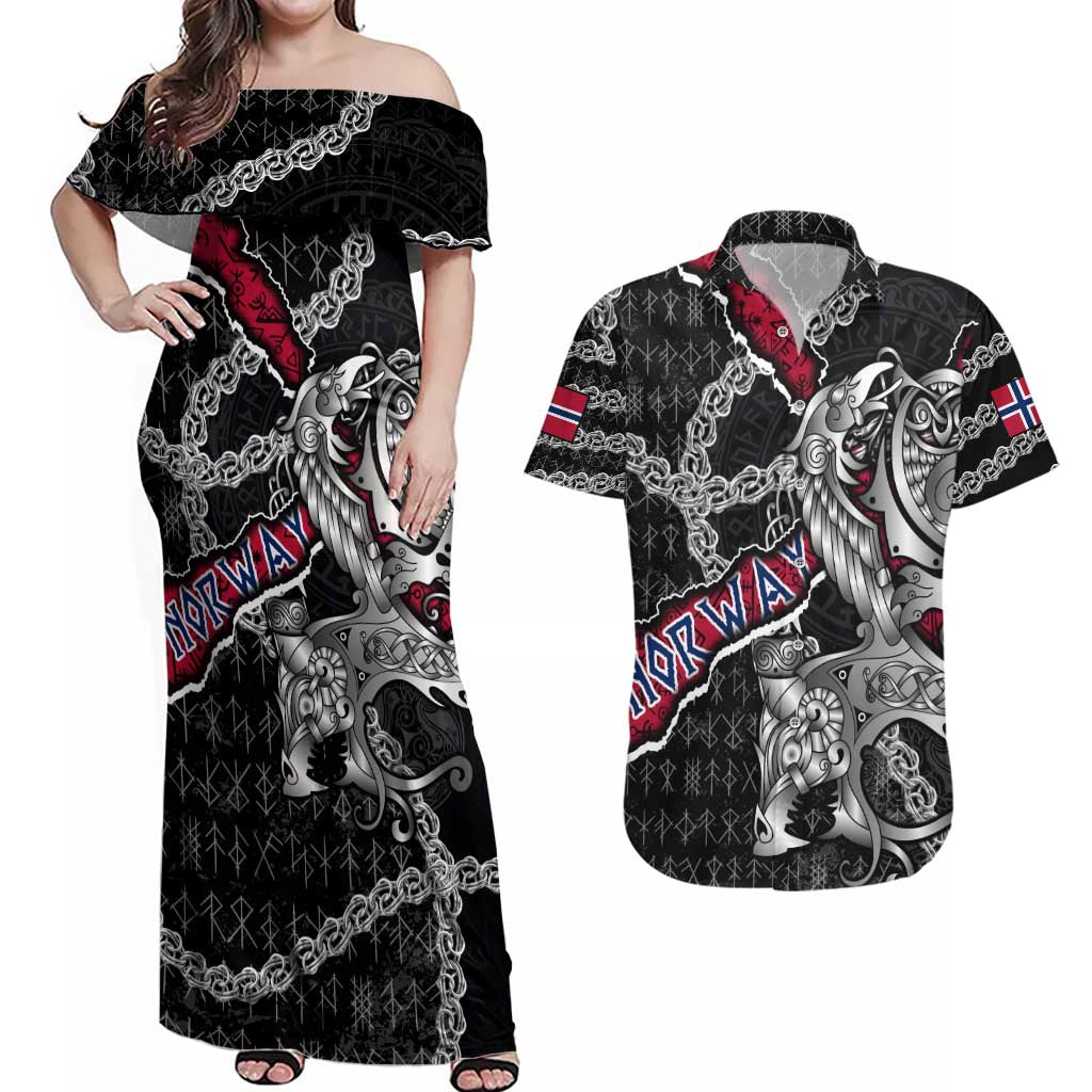 Personalized Norway Vikings Couples Matching Off Shoulder Maxi Dress and Hawaiian Shirt Nordic Lion Bound in Runes and Chains