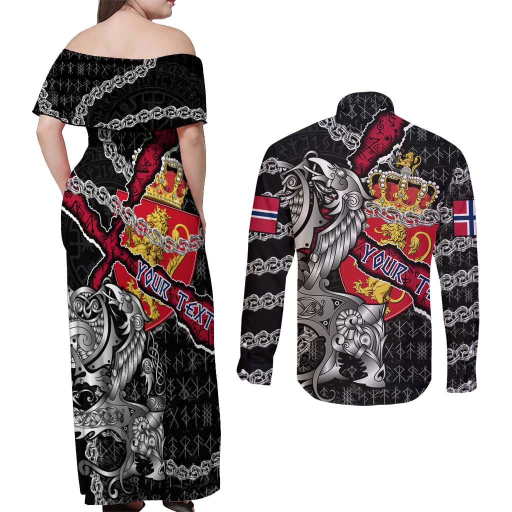 Personalized Norway Vikings Couples Matching Off Shoulder Maxi Dress and Long Sleeve Button Shirt Nordic Lion Bound in Runes and Chains