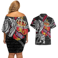 Personalized Norway Vikings Couples Matching Off Shoulder Short Dress and Hawaiian Shirt Nordic Lion Bound in Runes and Chains