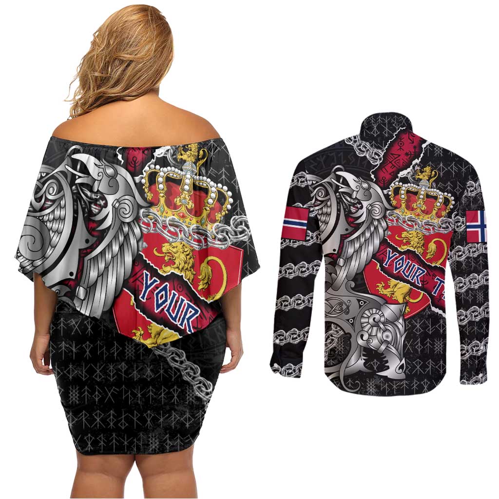 Personalized Norway Vikings Couples Matching Off Shoulder Short Dress and Long Sleeve Button Shirt Nordic Lion Bound in Runes and Chains