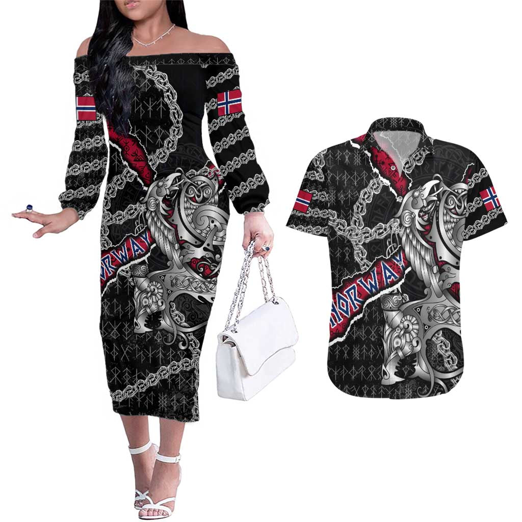Personalized Norway Vikings Couples Matching Off The Shoulder Long Sleeve Dress and Hawaiian Shirt Nordic Lion Bound in Runes and Chains