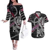 Personalized Norway Vikings Couples Matching Off The Shoulder Long Sleeve Dress and Hawaiian Shirt Nordic Lion Bound in Runes and Chains