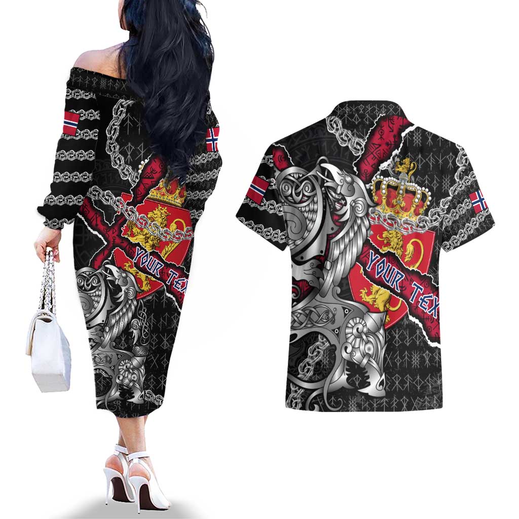 Personalized Norway Vikings Couples Matching Off The Shoulder Long Sleeve Dress and Hawaiian Shirt Nordic Lion Bound in Runes and Chains