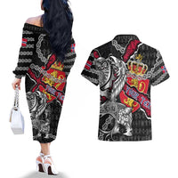 Personalized Norway Vikings Couples Matching Off The Shoulder Long Sleeve Dress and Hawaiian Shirt Nordic Lion Bound in Runes and Chains