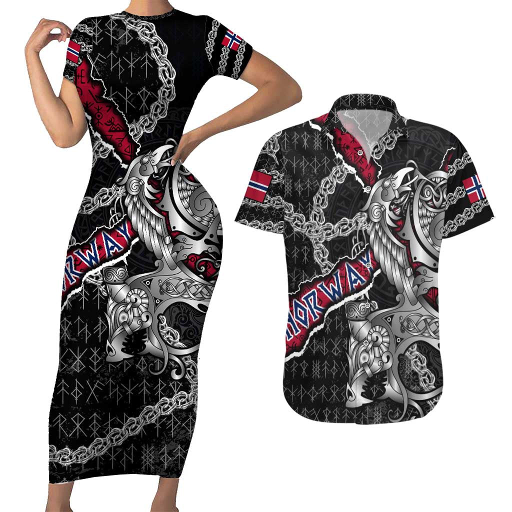 Personalized Norway Vikings Couples Matching Short Sleeve Bodycon Dress and Hawaiian Shirt Nordic Lion Bound in Runes and Chains