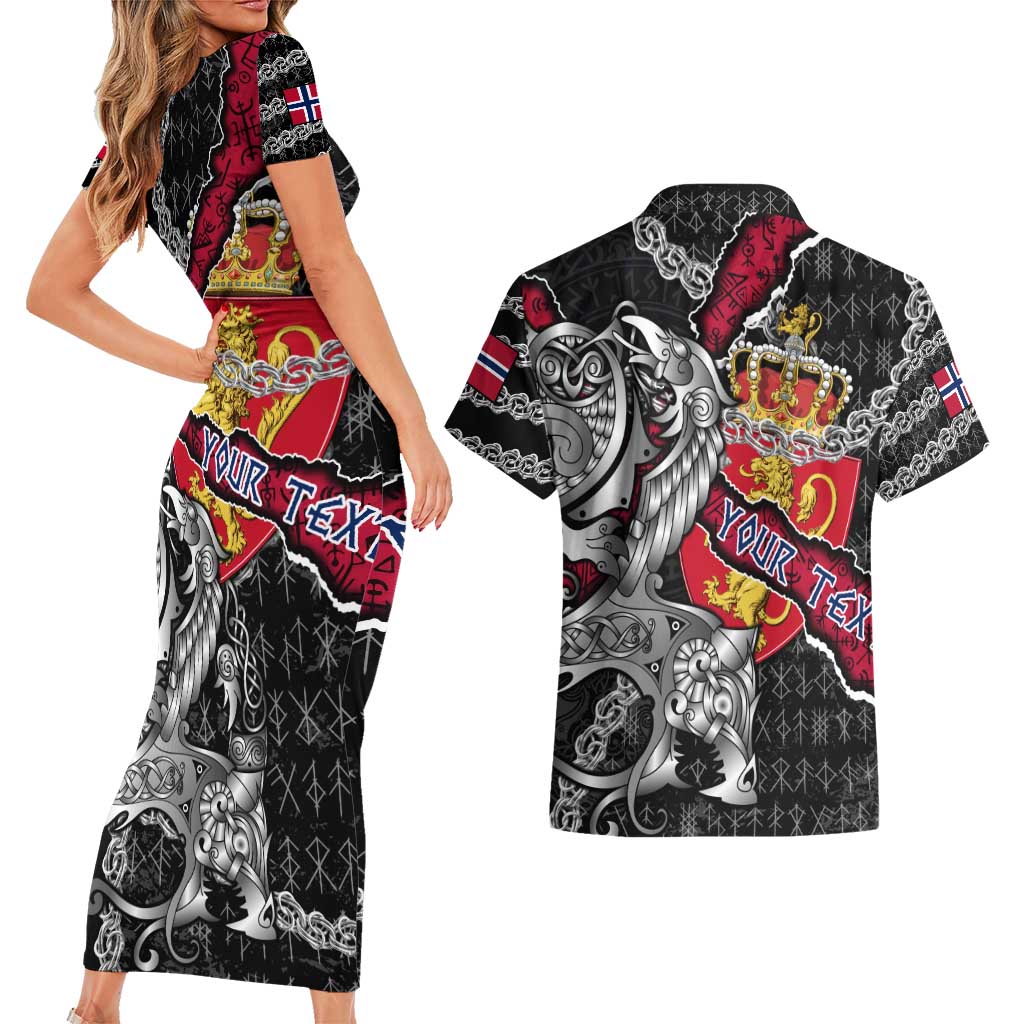 Personalized Norway Vikings Couples Matching Short Sleeve Bodycon Dress and Hawaiian Shirt Nordic Lion Bound in Runes and Chains