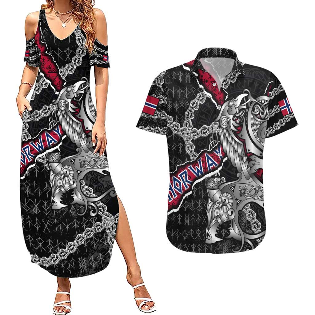 Personalized Norway Vikings Couples Matching Summer Maxi Dress and Hawaiian Shirt Nordic Lion Bound in Runes and Chains