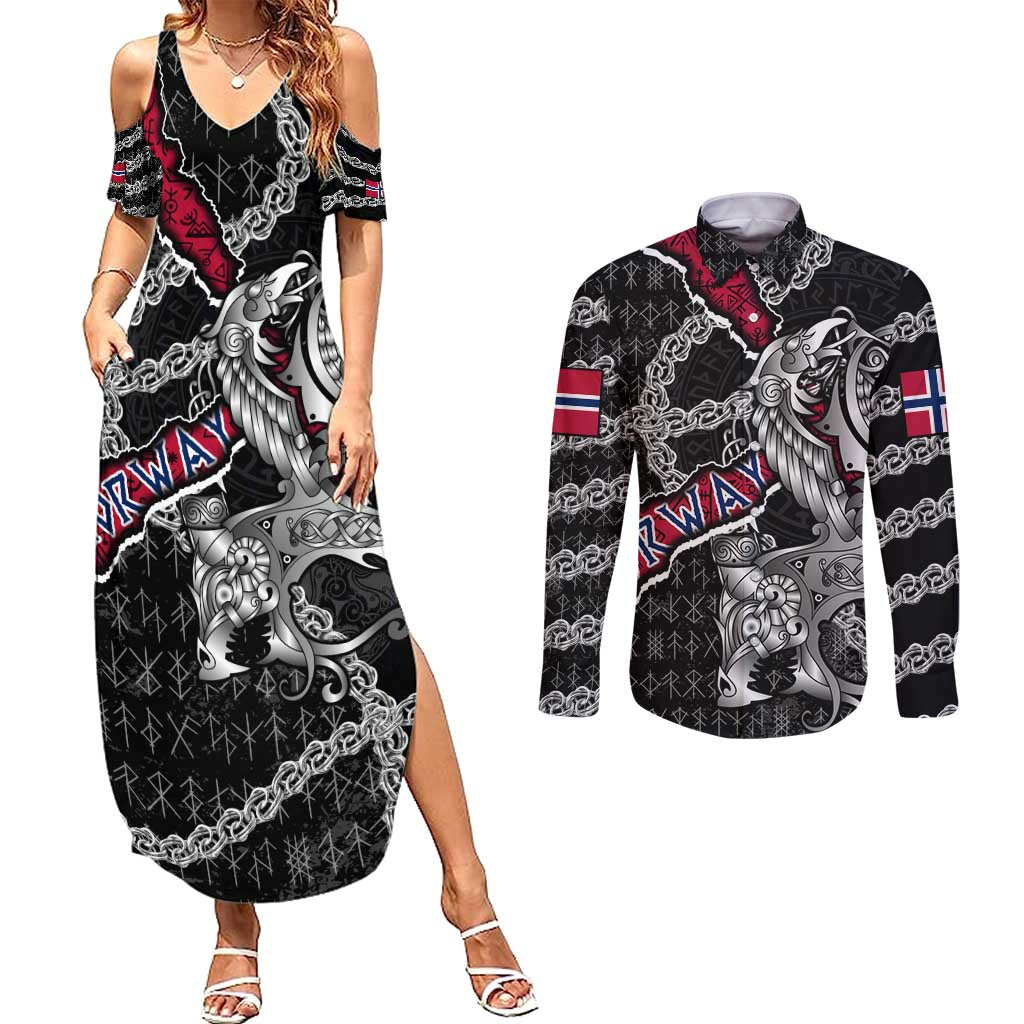 Personalized Norway Vikings Couples Matching Summer Maxi Dress and Long Sleeve Button Shirt Nordic Lion Bound in Runes and Chains