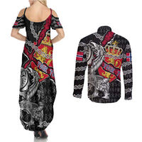 Personalized Norway Vikings Couples Matching Summer Maxi Dress and Long Sleeve Button Shirt Nordic Lion Bound in Runes and Chains