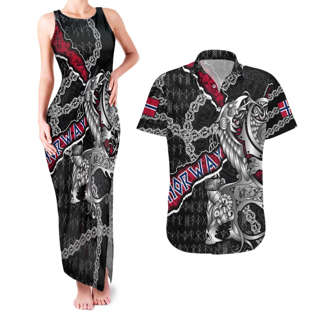 Personalized Norway Vikings Couples Matching Tank Maxi Dress and Hawaiian Shirt Nordic Lion Bound in Runes and Chains