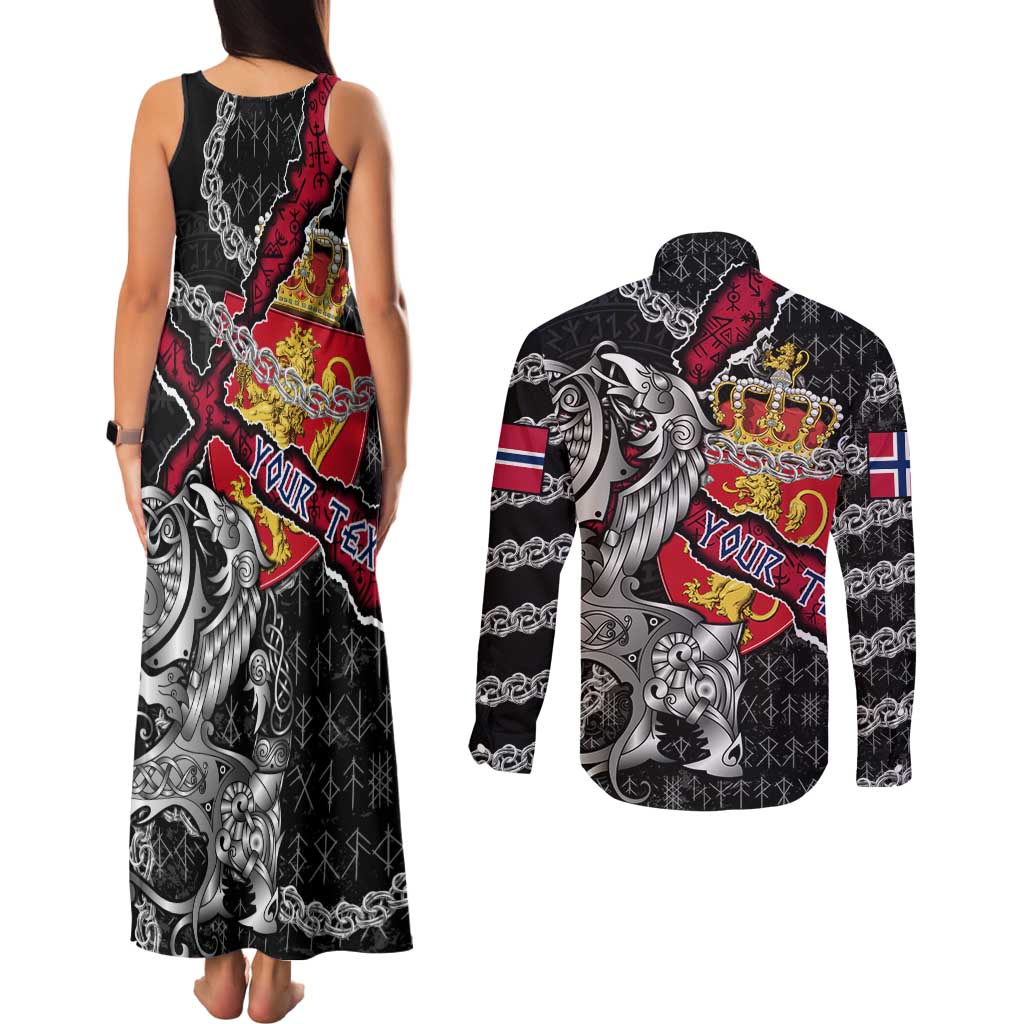 Personalized Norway Vikings Couples Matching Tank Maxi Dress and Long Sleeve Button Shirt Nordic Lion Bound in Runes and Chains