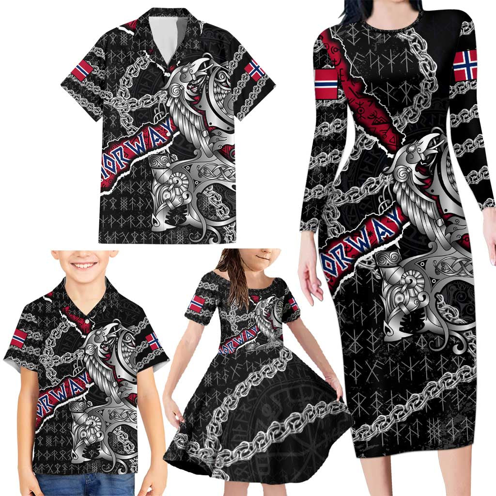 Personalized Norway Vikings Family Matching Long Sleeve Bodycon Dress and Hawaiian Shirt Nordic Lion Bound in Runes and Chains