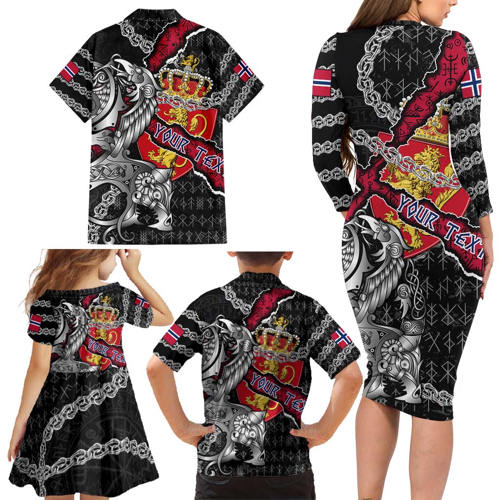 Personalized Norway Vikings Family Matching Long Sleeve Bodycon Dress and Hawaiian Shirt Nordic Lion Bound in Runes and Chains