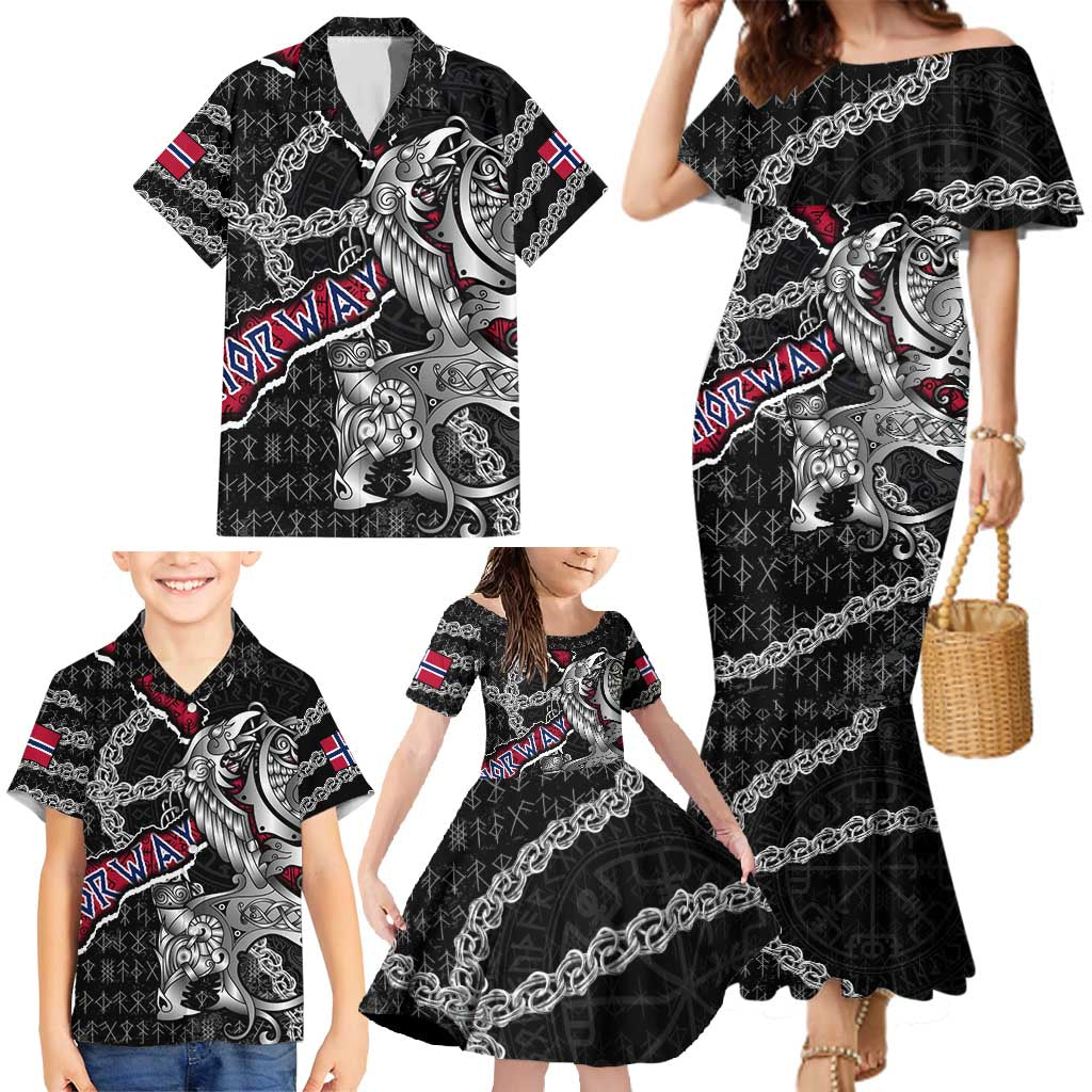 Personalized Norway Vikings Family Matching Mermaid Dress and Hawaiian Shirt Nordic Lion Bound in Runes and Chains