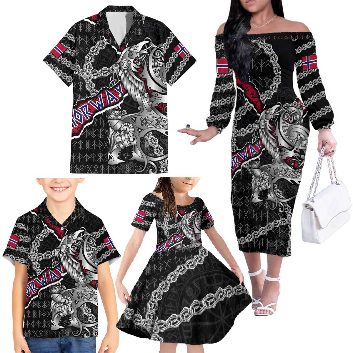 Personalized Norway Vikings Family Matching Off The Shoulder Long Sleeve Dress and Hawaiian Shirt Nordic Lion Bound in Runes and Chains