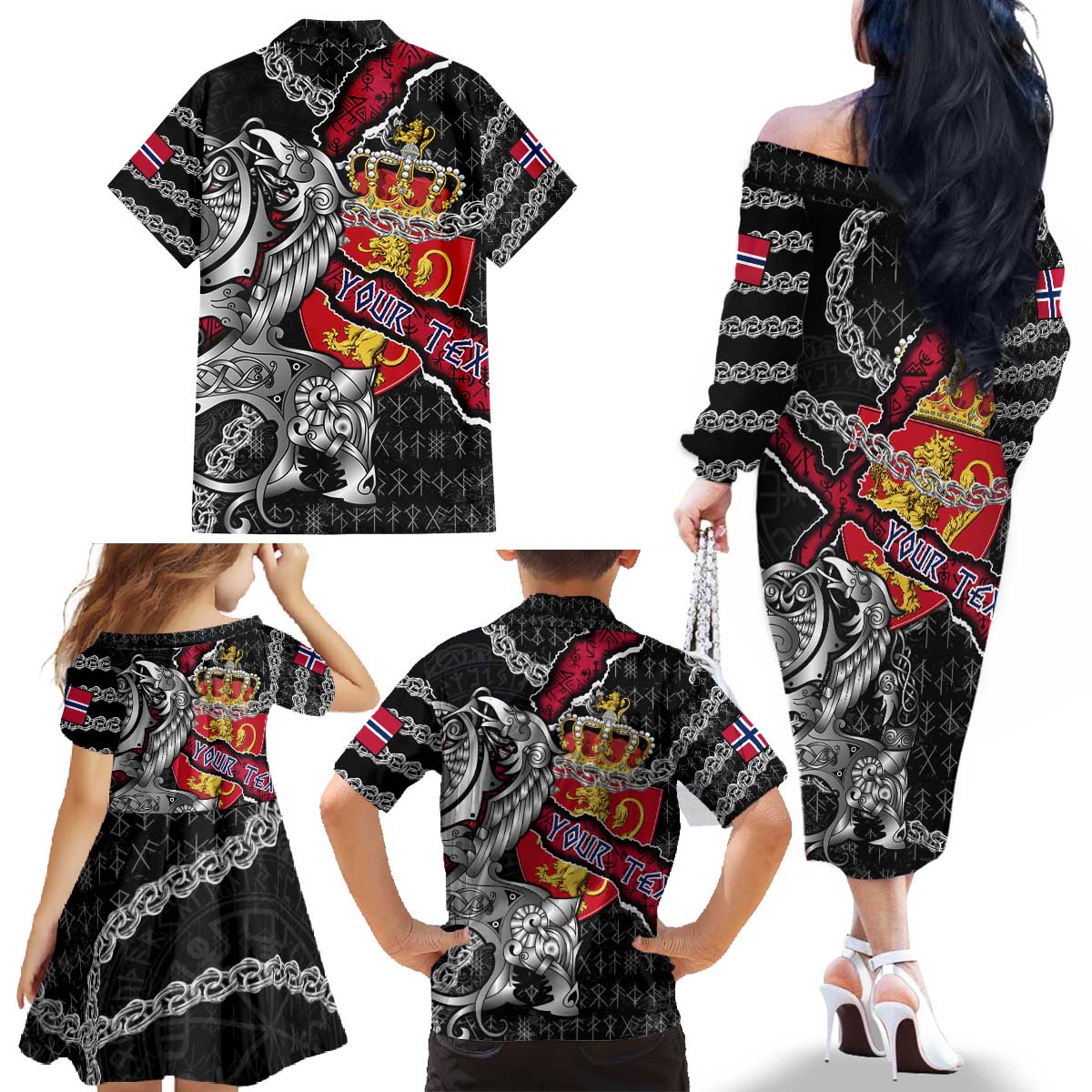 Personalized Norway Vikings Family Matching Off The Shoulder Long Sleeve Dress and Hawaiian Shirt Nordic Lion Bound in Runes and Chains