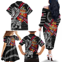Personalized Norway Vikings Family Matching Off The Shoulder Long Sleeve Dress and Hawaiian Shirt Nordic Lion Bound in Runes and Chains