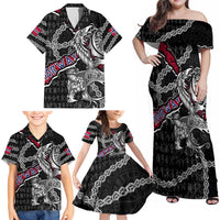 Personalized Norway Vikings Family Matching Off Shoulder Maxi Dress and Hawaiian Shirt Nordic Lion Bound in Runes and Chains