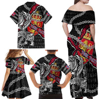 Personalized Norway Vikings Family Matching Off Shoulder Maxi Dress and Hawaiian Shirt Nordic Lion Bound in Runes and Chains