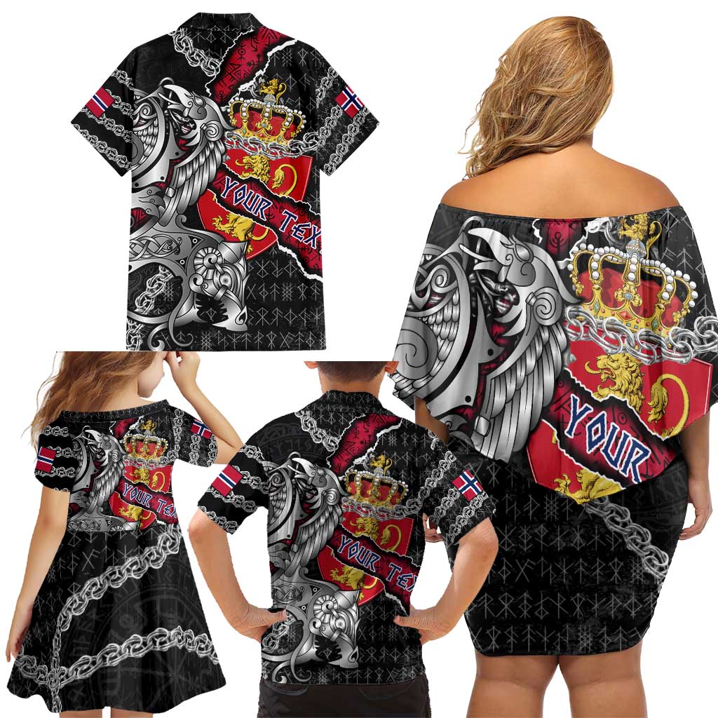Personalized Norway Vikings Family Matching Off Shoulder Short Dress and Hawaiian Shirt Nordic Lion Bound in Runes and Chains