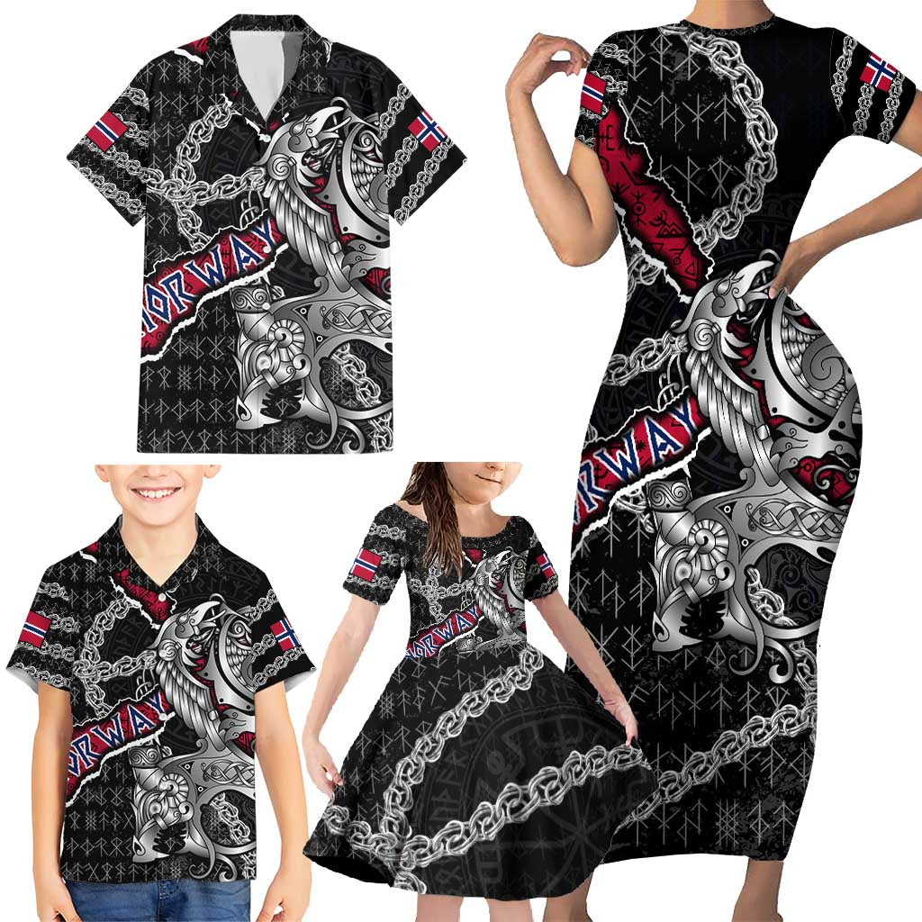 Personalized Norway Vikings Family Matching Short Sleeve Bodycon Dress and Hawaiian Shirt Nordic Lion Bound in Runes and Chains