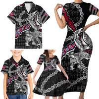 Personalized Norway Vikings Family Matching Short Sleeve Bodycon Dress and Hawaiian Shirt Nordic Lion Bound in Runes and Chains