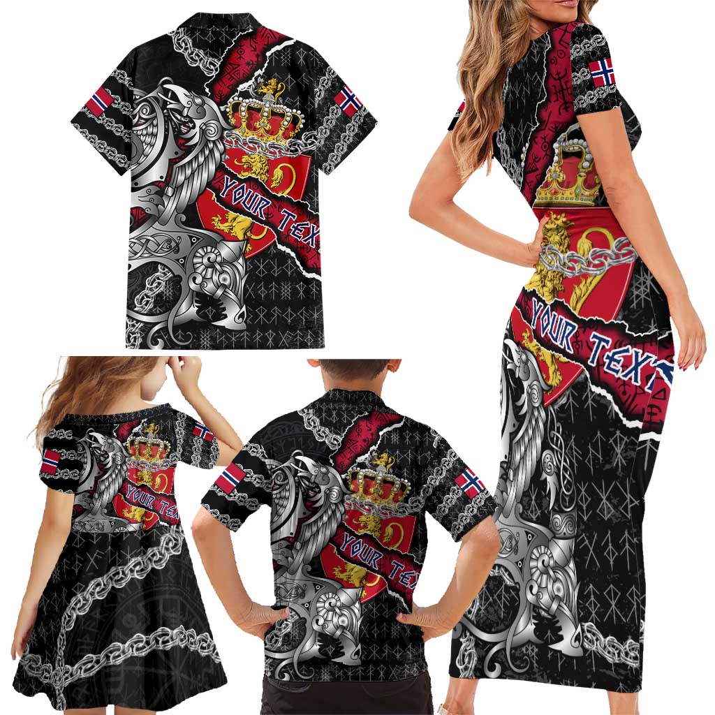 Personalized Norway Vikings Family Matching Short Sleeve Bodycon Dress and Hawaiian Shirt Nordic Lion Bound in Runes and Chains