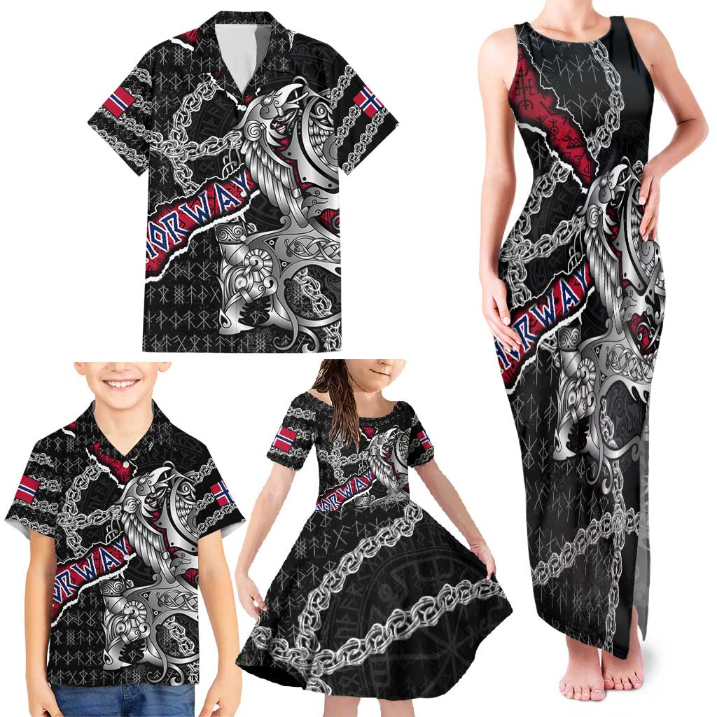 Personalized Norway Vikings Family Matching Tank Maxi Dress and Hawaiian Shirt Nordic Lion Bound in Runes and Chains