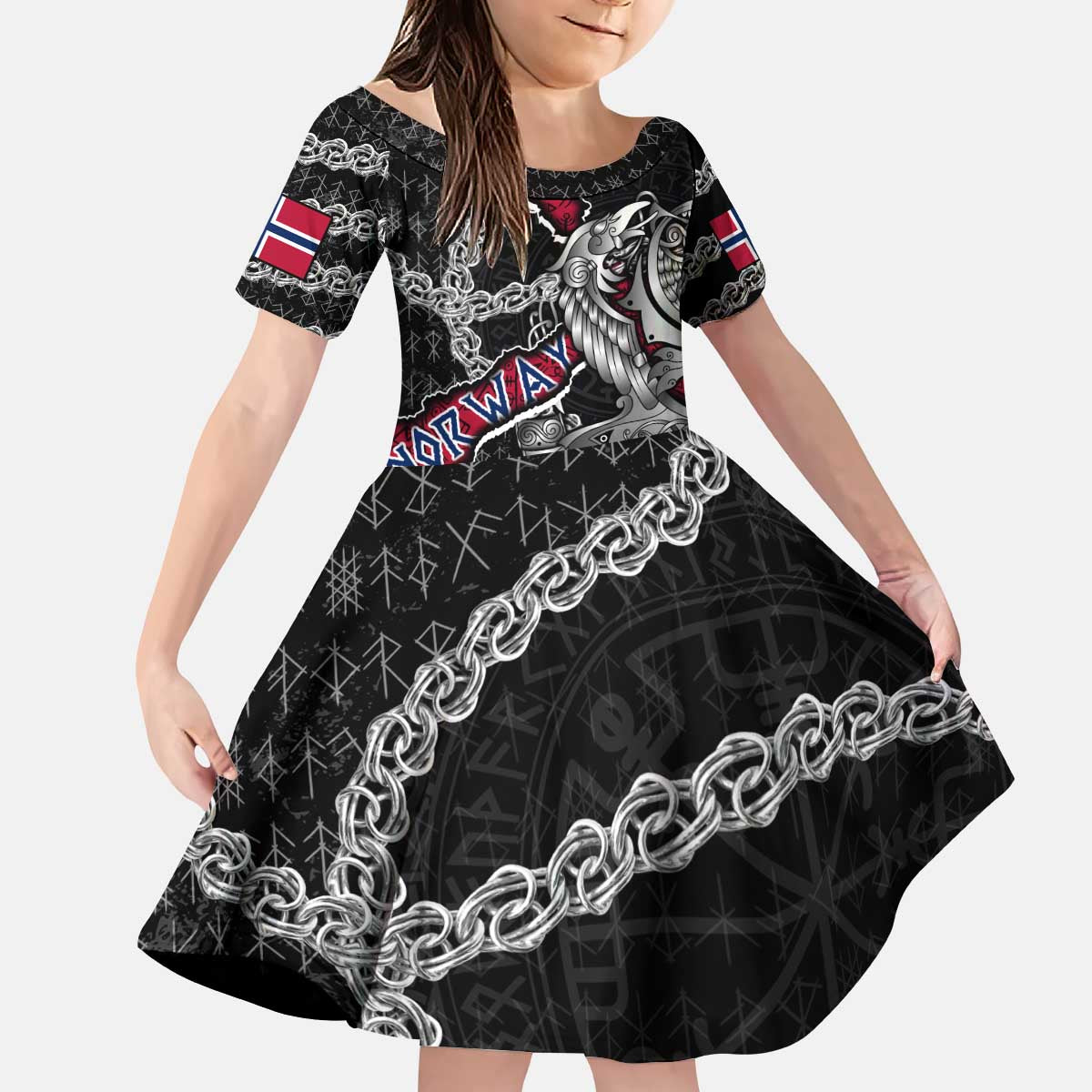 Personalized Norway Vikings Kid Short Sleeve Dress Nordic Lion Bound in Runes and Chains