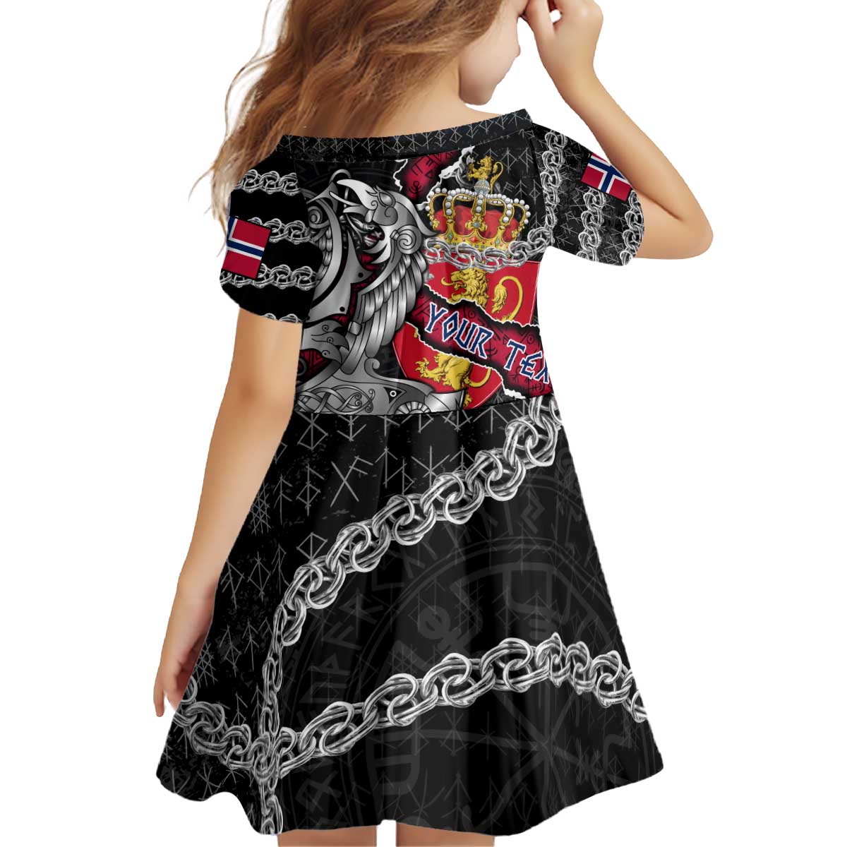 Personalized Norway Vikings Kid Short Sleeve Dress Nordic Lion Bound in Runes and Chains