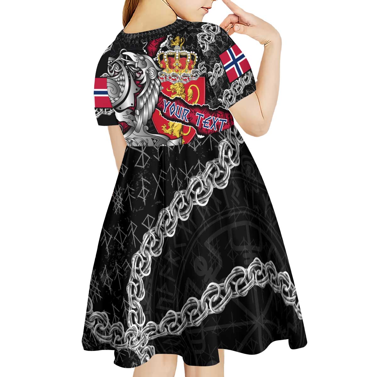 Personalized Norway Vikings Kid Short Sleeve Dress Nordic Lion Bound in Runes and Chains