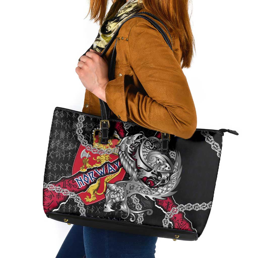 Norway Vikings Leather Tote Bag Nordic Lion Bound in Runes and Chains