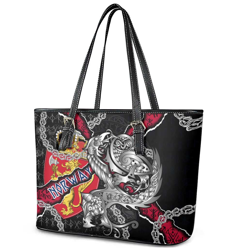 Norway Vikings Leather Tote Bag Nordic Lion Bound in Runes and Chains