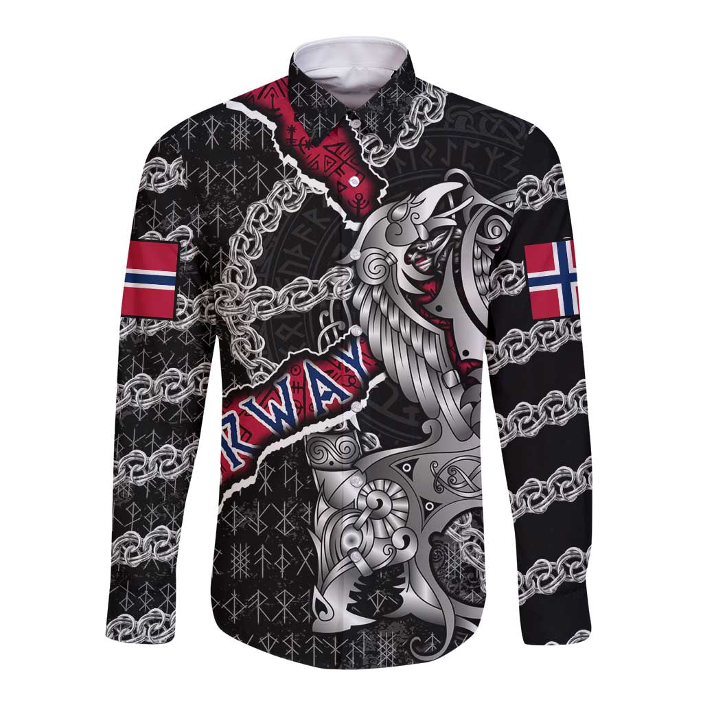 Personalized Norway Vikings Long Sleeve Button Shirt Nordic Lion Bound in Runes and Chains